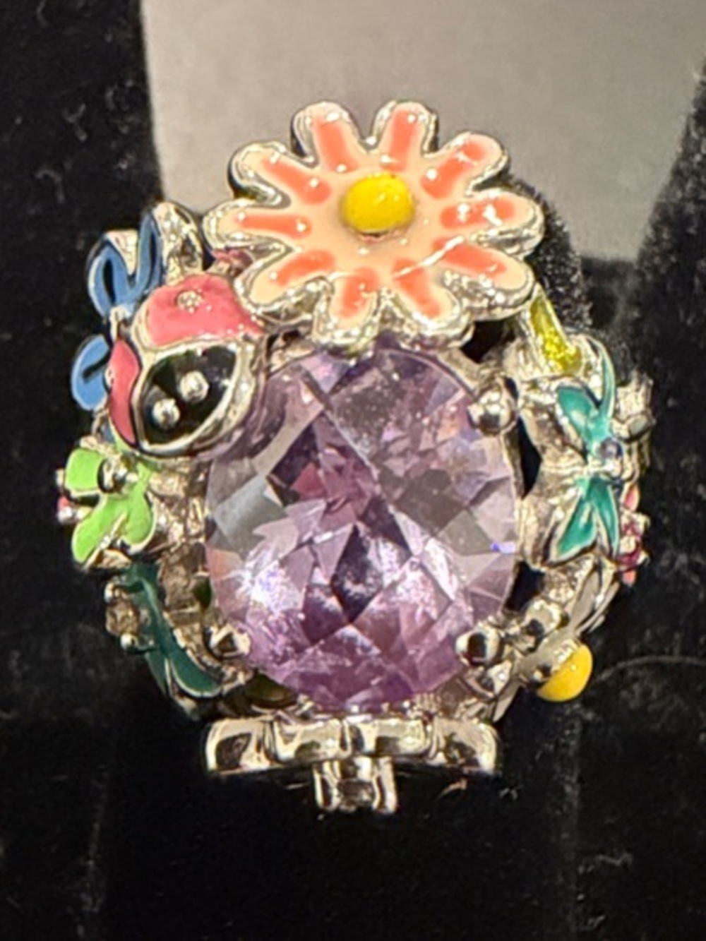 Silver Multicolor Floral Ring with Purple Center Stone